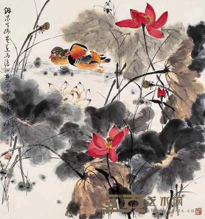 康宁 荷花鸳鸯 镜心 96×91cm
